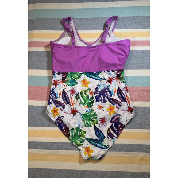 NWOT Floral One Piece Swimsuit - Purple & White - 2XL - Picture 2 of 7
